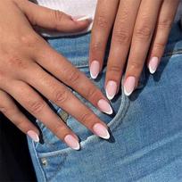 24Pcs Blue Pink Halo French Tip Long Fake Nails Glossy Full Cover Acrylic Press On Nails For Women