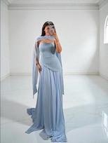 Spring and summer new tube top off shoulder elegant solid color corset chiffon scarf evening dress dress European and American women's clothing S mėlyna