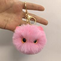 Cute Animal Pom Poms Keychain Creative Fluffy Stuffed Blush Cat Key Chain Handbag Car Keyring Charm Jewelry Gift for Women Girls pink