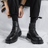 Klasikiniai vyriški aukštakulniai batai Kokybiškos odos laisvalaikio batai Madingi motociklininko batai Batai su raišteliais aplink čiurną Neslystantys platforminiai ankle boots 39 juoda