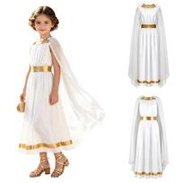 Girls Halloween Greek Costume Roman Robe with Contrast Side Shawl Sleeveless Back Zipper Metallic Trim Dress for Cosplay 7-8 Years balta