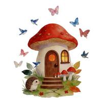 Mushroom House Wall Stickers, Peel And Stick Vinyl Decals, Watercolor Fairy Tale Wall Stickers with Hedgehogs Birds Butterflies for Kids Bedroom A beige
