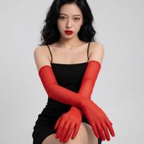 Ultra-thin Transparent Gloves Elbow Mesh Full Finger Gloves Breathable Sunscreen Mittens  Women raudona