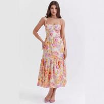 Spring and Summer Sweet and Spicy Style Solid Color Floral Cake Dress with Suspenders XL beige