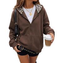 Women's Leopard Print Zip Up Lined Hoodie Long Sleeve Sweatshirt S kava