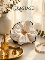 Kerastase Gift Satin Silk Scrunchie,Cream Hair Tie With Navy Trim,Gentle Hair Ring for Bun Ponytail Sleep Kérastase Silky Contrast Satin Scrunchie beige
