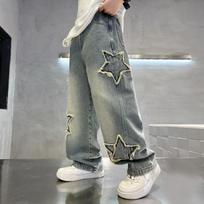 Boys Five Star Pattern Straight Fit Long Denim Jeans Kids Casual Pants 160cm gray