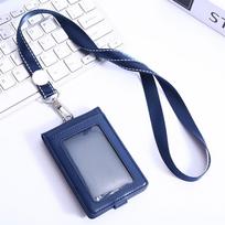 Leather ID Tag Badge Holder Buckle Flip Chest Card Bag Employee Pass Work Card Case  Student Navy&Lanyard