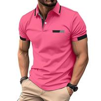 Men's Short Sleeve Polo Shirt Contrast Trim Collar Cuffs Classic Lapel Button Placket Casual Golf Tee with Fake Pocket Detail XL pink