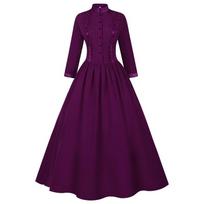 Women Long Sleeve Gothic Party Gown Stand Collar Retro Victorian Palace Maxi Dress L violetinė