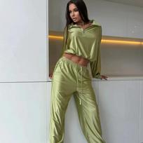 Womens Loungewear Set Solid Color Zip-Up Cardigan Wide-Leg Pants 2-Piece XL