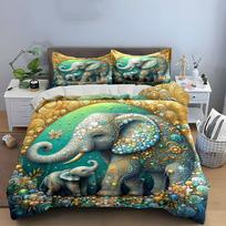 Elephant Family Decorative Artwork Set Bedding Set with 1 Duvet Cover 2 Pillowcases Single Double King Queen, Gift EU Twin 135X200cm&set beige