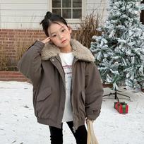 Kids Girls Loose Warm Fur Trim Turn Down Collar Winter Padded Coat Jacket 170cm gray