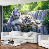 White Tiger On Waterfall Rock In Jungle Background Wall Mural For Living Room Or Bedroom Decor 130X150CM