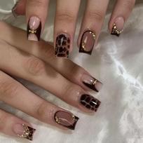 24pcs Black French Square Press on Nails Leopard Print False Nails Wearable Stick-on Nail Fake Nails Uñas