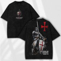 Deus Vult Printed Washed T-shirt Unisex Fit Crusader Knight Oversized Men Women Streetwear Vintage Graphic Tee Shirt Clothing L gray