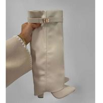 Pointed Head Large Tube Circumference Straight Tube Metal Buckle Medium Long Tube Boots Large Size Thick Heel Trouser 38 gray
