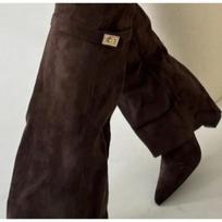 Pointed Head Large Tube Circumference Straight Tube Metal Buckle Medium Long Tube Boots Large Size Thick Heel Trouser 39 white