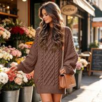Women's Oversized Cable Knit Sweater Dress Long Sleeve Neck Pullover Midi Dress for Fall and Winter XL