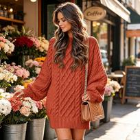 Women's Oversized Cable Knit Sweater Dress Long Sleeve Neck Pullover Midi Dress for Fall and Winter XL brown