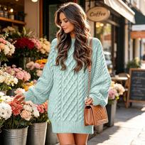 Women's Oversized Cable Knit Sweater Dress Long Sleeve Neck Pullover Midi Dress for Fall and Winter S brown