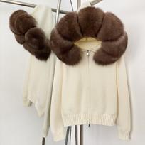 Womens Hooded Knit Cardigan With Real Fox Fur Collar Casual Outerwear Winter Off-White Faux Leather Waterdrop
