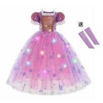 Purple Long Hair Floral Princess LED Tutu Full Set, Girls Halloween Birthday Stage Performance Gown Pink 110cm pink