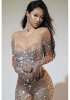 Women's Crystal Mesh Jumpsuit for Pole Dance Stage Performance Medium gray