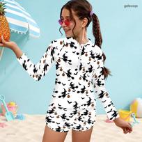 Girls Two Piece Swimsuit Long Sleeve Front Zip Printed Top And Shorts 170 white