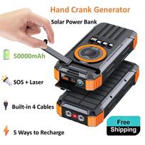5-in-1 Solar Power Bank Hand Crank Generator 50000mAh,Fast Charge External Battery Pack,4 Built-in Cables,Wireless & Laser Light