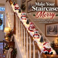 Kalėdinis pingvinas laiptų dekoras Medvilninis sniegas Šilta šviesos girlianda Įėjimo erdvės šventinis papuošalas 3pc Christmas Stair Decor Set