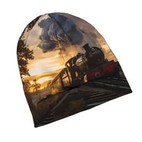 2D Flat Printing Early Morning Steam Trains Urban-Inspired Adult Beanie Fits Well with Layered Looks Morning Coffee Walks Or Creative Spaces with Arti One Size beige