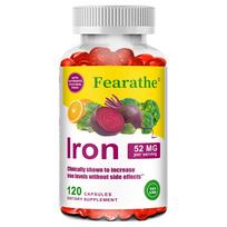 Fearathe Iron Supplement 52mg per Serving as Ferrous Bisglycinate with Vitamin C, Folate, Vitamin B12, Organic Beet Root, 120 Caps 120 Capsules