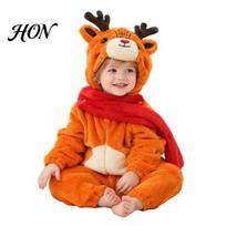 Adorable Holiday Outfit for Infants Baby Animal Onesie Costume Boys Girls, Soft Flannel Fleece Jumpsuit with Hood Plush Gifts Halloween Christmas 100 Deer orange