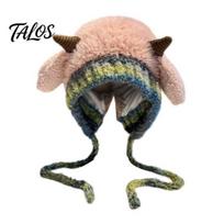 Fuzzy Thermal Balaclava for Winter Kids Hat, Cute Bear Ear Face Mask Fun Warm Plush Hat Squeaky Tail, Windproof Ski Neck Warmer Boys Girls Cartoon tamsiai rausva spalva