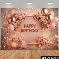 2D Pink Gold Happy Birthday Backdrop for Adult & Teen Photoshoot 59×39inch/150*100cm brown