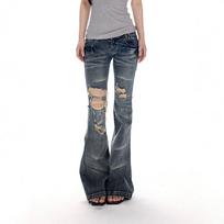 American Retro Spicy Girl Low-Waisted Ripped Flared Jeans for Women – Summer Slimming Design Large mėlyna