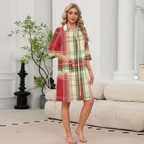 Women's Casual Christmas Print Zip-Up Bathrobe, 3/4 Sleeve, Knee-Length, Lightweight, Two Pockets XXXL raudona