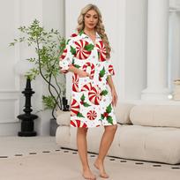 Women's Casual Christmas Print Zip-Up Bathrobe, 3/4 Sleeve, Knee-Length, Lightweight, Two Pockets M balta