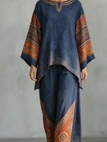 Vintage Loose-Fit Top and Wide-Leg Pants 2pcs Set, Bohemian Style Vacation Casual Outfit for PLMM 3XL black