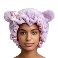 Double Layer Hair Bonnet Plush Satin Night Cap Cute Bear Ear Sleep Cap  Hair Care violetinė