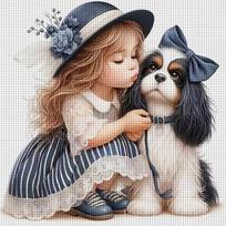 1PC 36X36cm/14.17X14.17in,11CT print cross stitch DIY kit,Cavalier Spaniel&Girl,adult beginner's relaxed cross stitch stitch set L36cm W36cm&11CT