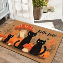 Black Cat Mushroom Doormat Cute Autumn Pumpkin Hello Fall Welcome Mat Anti Slip Floor Carpet Entrance Rug Porch Decor Mat 60cm x 90cm