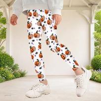 Girls Halloween Ghost Pumpkin Printed Full Length Stretch Waist Yoga Leggings 140 white
