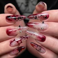 24PCS Gothic Halloween Style Press on Nails Red White False Nails with Black Web Pattern Silver Spike Design Manicure for Women brown