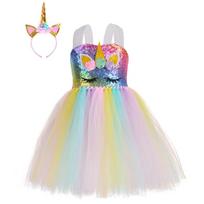 Rainbow Unicorn Mesh Tutu Dress, Girls Children’s Day Birthday Party Fluffy Princess Gown M(3-4Y) white