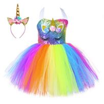 Rainbow Unicorn Mesh Tutu Dress, Girls Children’s Day Birthday Party Fluffy Princess Gown M(3-4Y) blue