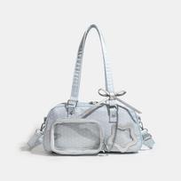 Miela taškuota Ita rankinė moterims, žvaigždutės ir lanko peties crossbody rankinė, Kawaii permatoma ekrano rankinė mėlyna