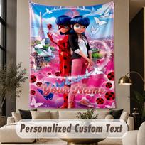 Custom Text Printed Tapestry Miraculous Ladybug Pattern Large Wall Hanging Indoor Room Decor 130cmx150cm