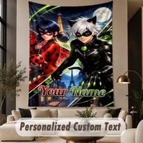 Custom Text Printed Tapestry Miraculous Ladybug Pattern Large Wall Hanging Indoor Room Decor 180cmx230cm